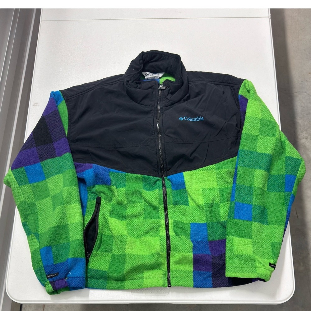 Columbia Fleece Jacket Mens XL Green Blue Pixelated minecraft style